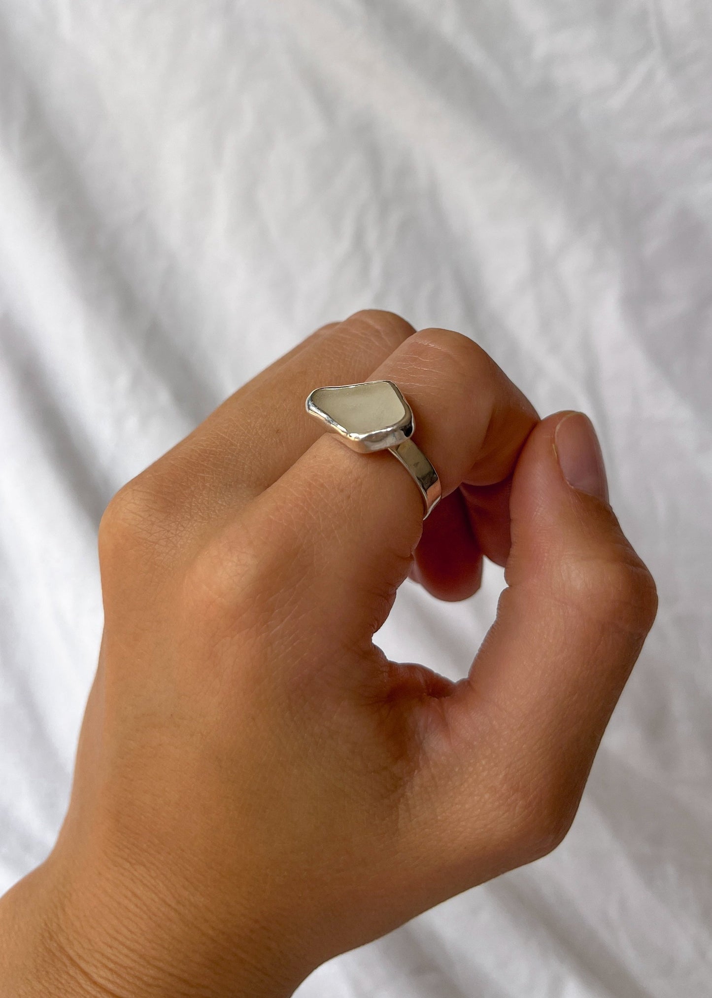 White Seaglass Ring 7 3/4