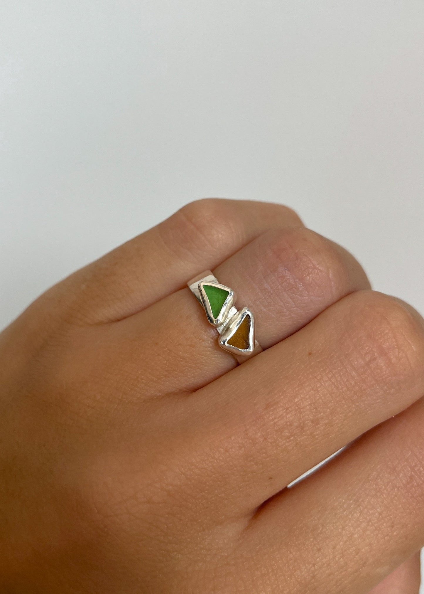 Brown and Green Seaglass Ring 6 1/2